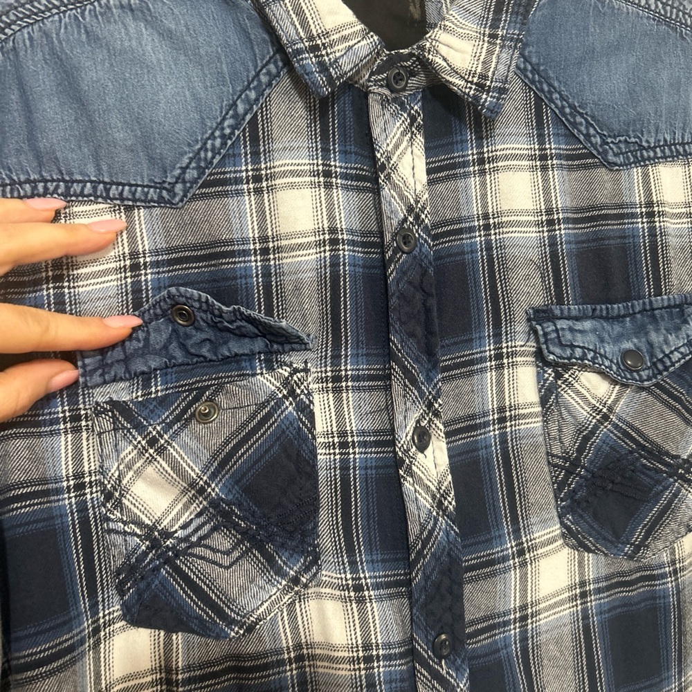 Rerun Men's Blue Plaid Flannel Button Up with Denim Yoke Accents - Picture 5 of 8